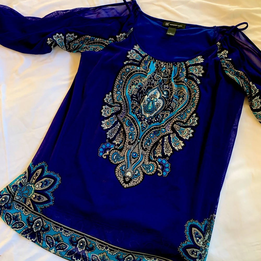 Cold shoulder top; med: color accurate; 100 nylon/ never worn